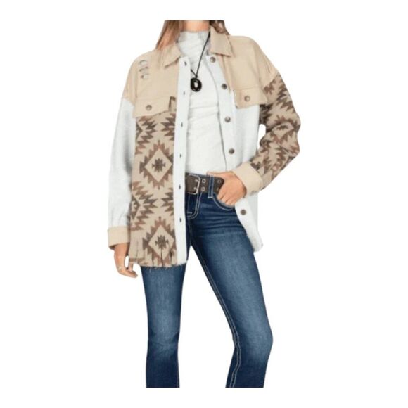 Miss Me Women's Taupe Aztec Button Front Mixed Shacket Small Never Worn - Picture 3 of 16